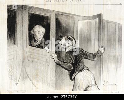 Le danger de s'Assoupir en Voyage, 1843. 'Venez-vous , monsieur, et descendez de voiture !' - 'O&#xf9 ; sommes-nous, conducteur ?' - 'Mais &#xe0 ; Rouen parbleu!' - 'A Rouen, et moi qui ne veux aller que jusqu'àm'&#xe0 ; Poissy o&#xf9 ; je suis invit&#xe9 ; &#xe0 ; diner aujourd'hui &#xe0; cinq heures pr&#xe9;cises!' - 'Eh bien! il y a mani&#xe8;re d'arranger &#xe7;a...en prenant le premier convoi vous y arriverez demain matin de bonne heure...pour d&#xe9;jeune...c'est &#xe0 ; peu pr&#xe8;s la m&#xea;me choose'. Les dangers du refoulement pendant les déplacements. Chef d'orchestre : 'réveillez-vous, monsieur, et sortez de Th Banque D'Images