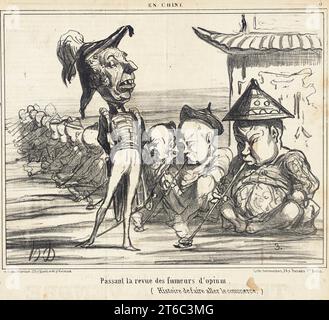 Passant la revue des fumeurs d'opium, 1858. (Histoire de faire aller le commerce). Faire une revue des fumeurs d'opium. (Histoire d'encourager le commerce). Dans la deuxième guerre de l'opium, les empires britannique et français ont combattu la Chine sous la dynastie Qing pour le droit d'importer de l'opium en Chine. De en Chine, planche 3. Banque D'Images