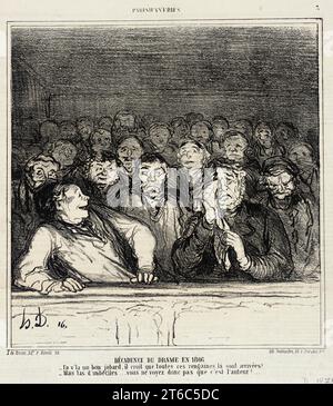 D&#xe9;cadence du drame en 1866, 1866. - 'En v'l&#xe0 ; un bon jobard, il croit que toutes ce rengaines l&#xe0 ; sont arriv&#xe9;es!' - 'Mais tas d'imb&#xe9;ciles...vous ne voyez pas que c'est l'auteur!...'. Déclin du théâtre en 1866. « Regardez cet idiot, il pense que toutes ces choses se sont vraiment produites ! » 'Vous idiots... ne sais-tu pas qu'il est le dramaturge !...'. De Parisienneries. Banque D'Images