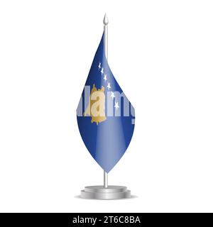 Drapeau du Kosovo - mini drapeau 3D accroché sur un mât de drapeau de bureau. Utilisable pour la présentation de sommet ou de conférence. Illustration vectorielle avec ombrage. Illustration de Vecteur