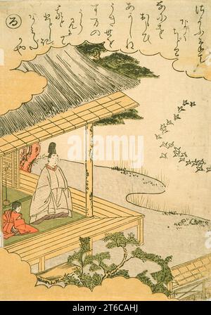Narihira à la rivière Sumida observant les oiseaux de la capitale, c1766. De Contes d'ISE dans l'ordre d'Iroha. Banque D'Images