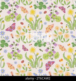 Motif Milleffleurs Seamless. Fleurs sauvages dessinées à la main et papillons. Illustration de Vecteur