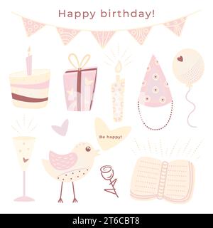 Doodle d'anniversaire Kawaii dans la palette pastel, autocollants vectoriels mignons dans les couleurs rose clair et jaune, éléments pour une carte postale Illustration de Vecteur