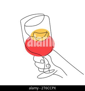 Main tient un verre avec une boisson. Dessin continu d'une ligne. Boisson alcoolisée rouge, cocktail tropical, jus de fruits. Toast, félicitations, acclamations. Célébration, fête. Vecteur isolé sur blanc. Illustration de Vecteur