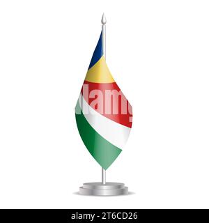 Drapeau des Seychelles - mini drapeau 3D accroché sur un mât de bureau. Utilisable pour la présentation de sommet ou de conférence. Illustration vectorielle avec ombrage. Illustration de Vecteur