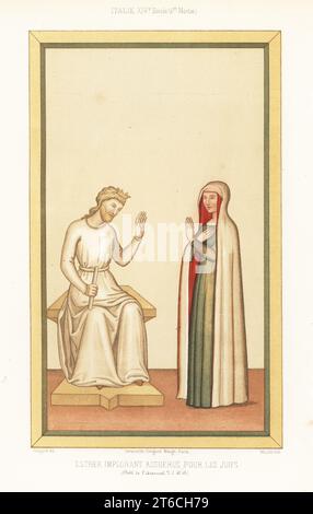 La reine juive Esther ou Hadassah plaidant avec son mari le roi Assuérus de Perse. Représenté dans les modes italiennes du début du 14e siècle. Esther implorant Assuerus pour les Juifs. De l'italien MS T.L. 42 B, Bibliothèque de l'Arsenal. Italie XIVe Siecle. Chromolithographie de Moulin d'après une illustration de Claudius Joseph Ciappori de Charles Louandres les Arts psychiatriques, les Arts Sumptuaires, Hangard-Mauge, Paris, 1858. Banque D'Images