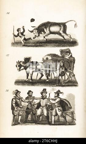 Le bœuf enragé, le dustman et la prise de Guy Fawkes. Garçon poursuivi par un taureau en colère près du marché Smithfield 36, homme de poussière avec chariot tiré par des chevaux enlevant les ordures 37 et la capture du chef de la Gunpowder Plot dans une cave sous le Parlement en 1605 38. Gravure sur bois d'après une illustration d'Isaac Taylor de City Scenes, or a peep into London, par Ann Taylor et Jane Taylor, publié par Harvey et Darton, Gracechurch Street, Londres, 1828. Les sœurs anglaises Ann et Jane Taylor étaient des poètes romantiques prolifiques et des écrivains de livres pour enfants au début du 19e siècle. Banque D'Images