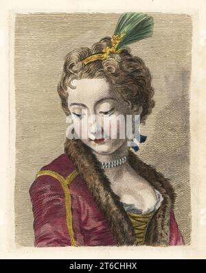 Figure d'une jeune femme avec un panache dans les cheveux, manteau doublé de fourrure. D'une peinture par un vieux maître dans un livre de tutoriel d'art du 18e siècle. Gravure sur cuivre colorée à la main de Robert Sayers The Artists Vade Mecum, Being the Whole Art of Drawing, Londres, 1766. Banque D'Images