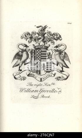 Armoiries et écusson du très honorable William Greville, 7ème baron Brooke, 1695-1727. Gravure de Copperplate par Andrew Johnston après C. Gardiner de Notitia Anglicana, Shwing leurs réalisations de toute la Noblesse anglaise, Andrew Johnson, The Strand, Londres, 1724. Banque D'Images