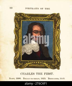 Portrait du roi Charles le premier, Charles I d'Angleterre, né en 1600, commença le règne 1625 et décapité en 1649. En col en dentelle, double, dans le cadre orné. Gravure faite à la main par Cosmo Armstrong de Portraits et personnages des rois d'Angleterre, de William le Conquérant à George le troisième, John Harris, Londres, 1830. Banque D'Images