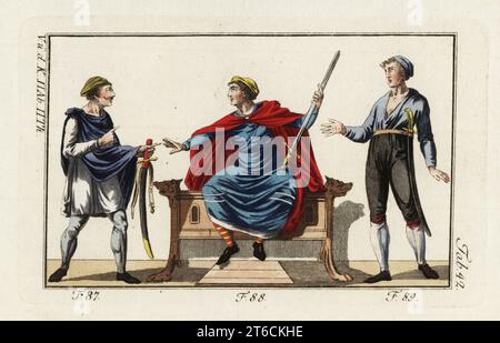 Harold Godwinson capturé par Guy I, comte de Ponthieu, 1064. Guy I s'assoit sur un trône dans un manteau 88 comme Harold II offre son épée avec hirt vers le haut et le point dirigé vers le sol 87. À côté d'eux, un soldat franc ordinaire en chemise, pantalon court (ponceaux) et chaussures, avec épée accrochée à la ceinture 89. Tiré de la Tapisserie de Bayeux. Gravure en coperplate de couleur main de la photo historique de Robert von Spalart des costumes du peuple principal de l'Antiquité et du Moyen-âge, Vienne, 1802. Banque D'Images