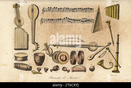 Baglama ou tanbur 1, sciehizdeh 2, kemancheh ou rebab 3, setar 4, scienk 5,7, psauter 6, néfir 8, carhana 9, sciak-néfir ou corne 10, sorna 11, musicar 12, dembal 13, tambour dohol 14, kus kettledrum 15, naqqara 16, thabli-baz 17,18, tonbak 19, daf drum 20, sindi 21, hochet 22. Anciens instruments de musique persans. Strumenti di Musica. Gravure sur cuivre coloriée à la main par Giovanni Antonio Sasso de Giulio Ferrarios costumes ancien et moderne des peuples du monde, il Costume Antico e Moderno, Florence, 1847. Banque D'Images