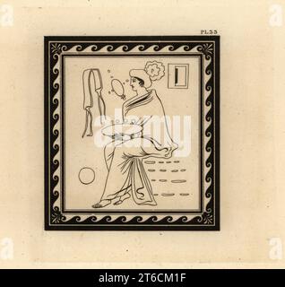 Femme assise avec globe et filet de Bacchus, dieu romain du vin. Un placard ou tabernaculum sur le mur. Gravure sur cuivre de Thomas Kirk (1765-1797) de Sir William Hamiltons esquisse des figures et compositions sur les vases grecs, romains et étrusques du regretté Sir Hamilton, T. MLean, Londres, 1834. Banque D'Images