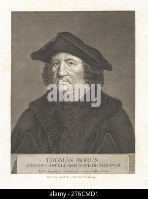 Portrait de Sir Thomas More, 1478-1535. Avocat anglais, juge,[9] philosophe social, auteur, homme d'État, et célèbre humaniste de la Renaissance. Lord Haut Chancelier d'Angleterre sous le roi Henry VIII Thomas Morus, angliae Cancellarius sub Henrico VIII Gravure sur plaque de coperplate par Bartholomaus Hubner après un portrait de Hans Holbein dans l'oeuvre de Jean Holbein de Christian von Mechel, chez Guillaume Haas, Bâle, 1790. Banque D'Images