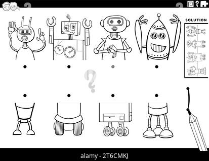 Illustration de dessin animé noir et blanc de l'activité éducative de la correspondance des moitiés d'images avec la page de coloriage de personnages de robots Illustration de Vecteur