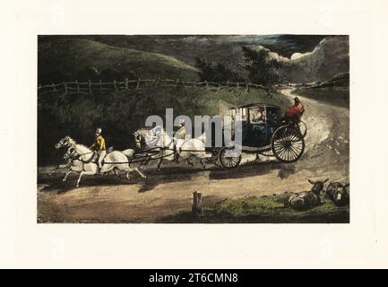 Un homme anglais perdait une pile de billets de banque par sa fenêtre de chariot. Mytton regardant ses gains de jeu à Londres voler sur la route de la maison à Doncaster. La lumière vient, la lumière va. Télécopie Chromolithographique d'une illustration de Henry Thomas Alken de Memoirs of the Life of the late John Mytton de Nimrod aka Charles James Apperley, Kegan Paul, Londres, 1900. Banque D'Images