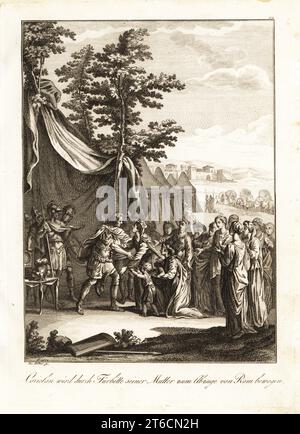 Gnaeus Marcius Coriolanus imploré par sa mère Veturia, son épouse Volumnia et ses deux fils, pour arrêter son attaque sur Rome, au 5e siècle av. J.-C.. Le général romain Corolianus avait dirigé une armée volscienne pour assiéger Rome. Coriolan flechi par sa Mere. Gravure sur cuivre de Joseph Stöber d'après un dessin de Hubert-François Gravelot du professeur Joseph Rudolf Zappes Gemalde aus der romischen Geschichte, Images d'histoire romaine, Joseph Schalbacher, Vienne, 1800. Édition allemande de l'Abbé Claude Francois Xavier Millots Abrege de lHistoire Romaine. Banque D'Images