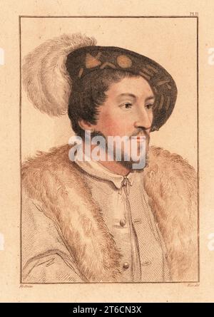 Portrait d'un inconnu, cour du roi Henri VIII, c. 1532. Peut-être John Dudley, 1e duc de Northumberland, qui a essayé d'installer Lady Jane Grey comme reine. Gravure sur stipple en cuivre coloriée à la main par Charles Knight d'après un portrait de Hans Holbein le Jeune à partir d'imitations de dessins originaux de Hans Holbein, John Chamberlaine, Londres, 1812. Banque D'Images