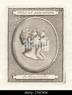 Empereur romain Néron 37-68, et sa mère Agrippine le Jeune, 15-59. Gemme gravée en jacinthe. Nero et Agrippina en Hyacintho. Gravure sur cuivre de Francesco Valesio, Antonio Gori et Ridolfino Venutis Academia Etrusca, Musée Cortonense in quo Vetera Monumenta, (Académie étrusque ou Musée de Cortona), Faustus Amideus, Rome, 1750. Banque D'Images