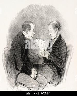 Un L&#xe9;ger manuscrit, 1845. - 'Je crois que MR. Le Directeur va &#xea;tre satisfait de la lecture de mon m&#xe9;lodrame...je regrette m&#xea;me de ne l'avoir fait qu'en six actes!...'. Un manuscrit faible. Dramaturge : 'Je crois que le réalisateur sera satisfait de la lecture de mon mélodrame...bien que je regrette de l'avoir fait en six actes!...'. Série : les Beaux jours de la vie, no. 51 ; périodique : le Charivari, 22 mars 1845. Banque D'Images