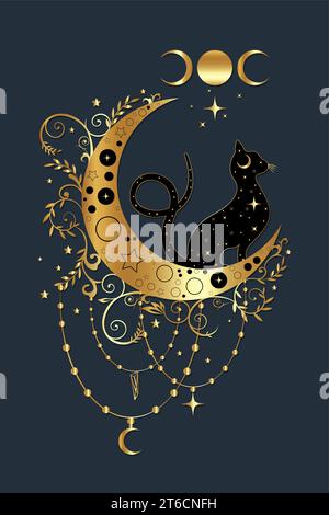 Chat noir mystique sur croissant céleste de lune et triple déesse, symbole de sorcellerie, logo en or ésotérique sorcier. Vecteur doré de luxe wiccan clipart Illustration de Vecteur