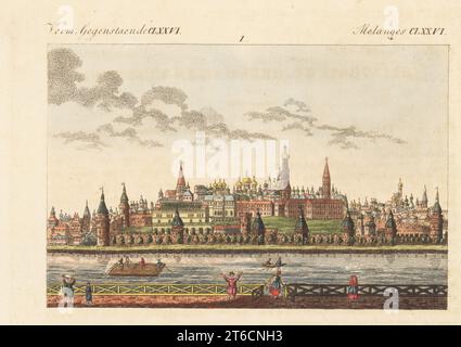 Vue du Kremlin depuis le quai Sofiyskaya, Moscou, Russie. Forteresse fortifiée avec le clocher Ivan Veliki, cathédrale de la Dormition conçue par l'architecte Aristotele Fioravanti, Palais du Grand Kremlin, sur la rivière Moskva. Gravure sur cuivre colorée à la main de Carl Bertuch's Bilderbuch fur Kinder (Livre d'images pour enfants), Weimar, 1813. Une encyclopédie pour enfants en 12 volumes illustrée de près de 1 200 planches gravées sur l'histoire naturelle, la science, le costume, la mythologie, etc., publié de 1790 à 1830. Banque D'Images