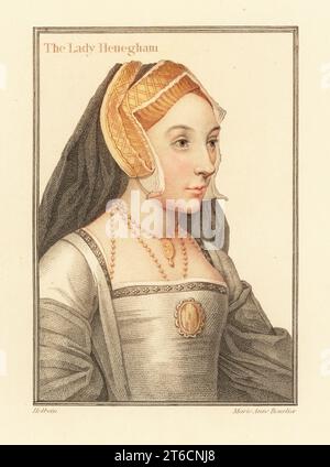 Mary Shelton, Lady Heveningham, vers 15101563, épouse de Sir Anthony Heveningham de Ketteringham, maîtresse du roi Henri VIII Rédacteur en chef du manuscrit Devonshire. Coiffe à capot à pignon. Lady Henegham. Gravure sur stipple en cuivre coloriée à la main par Marie Anne Bourlier d'après un portrait de Hans Holbein le Jeune à partir d'imitations de dessins originaux de Hans Holbein, John Chamberlaine, Londres, 1812. Banque D'Images