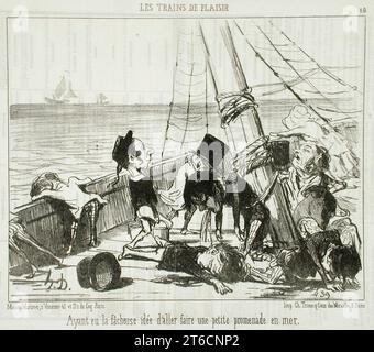 Ayant eu la f&#xe2;cheuse ID&#xe9;e d'aller...en mer, 1852. Ayant eu la f&#xe2;cheuse ID&#xe9;e d'aller faire une petite promenade en mer. (Quelqu'un a eu l'idée ennuyeuse d'aller pour un petit voyage sur la mer). Série : les trains de plaisir, no. 10 ; périodique : le Charivari, 23 septembre 1852. Banque D'Images