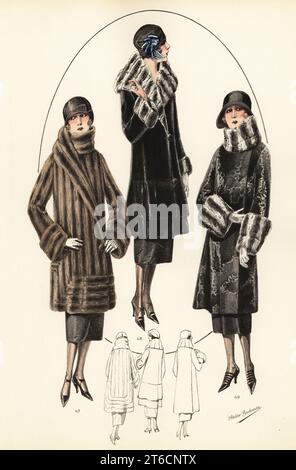 Femmes tendance en chapeau de cloche, coupes courtes de bob et manteaux de fourrure luxueux. Veste de marmotte de vison longueur genou 47, manteau de phoque musquash avec garniture de chinchilla 48, veste longue de bébé agneau avec garniture de chinchilla 49. Lithographie de couleur main de modèles originaux de Fourrures, modèles originaux en fourrure, n° 17, atelier Bachwitz, Vienne, 1926. Banque D'Images