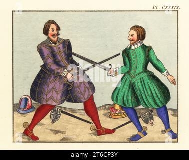 Deux messieurs combattant un duel avec des épées, XVIIe siècle. Ils portent des douillets et des culottes matelassés, des tuyaux et des branches. De la page de titre d'une pièce entleted A Faire quarrel par Thomas Middleton et William Rowley, 1617. Gravure faite à la main par Joseph Strutt de sa vue complète de la robe et des habitudes du peuple d'Angleterre, Henry Bohn, Londres, 1842. Banque D'Images