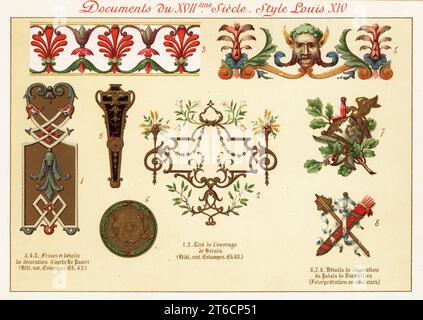 Éléments de design de l'ère rococo du roi Louis XIV, le roi du Soleil, XVIIe siècle. 1,2 après Jean Berain, 3-5 frises et décor d'après Jean le Pautre, 6-8 décorations du château de Versailles. Chromolithographie conçue et lithographiée par Ernst Guillot d'éléments d'ornement du XVIIème et XVIIIème siècle, éléments d'ornement du XVIIe et XVIIIe siècle, Renouard, Paris, 1890. Banque D'Images