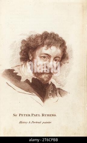 Sir Peter Paul Rubens, peintre d'histoire et portraitiste flamand, style baroque flamand, 1577-1640. Gravure sur stipple en cuivre d'après un autoportrait de Francis Fitzgeralds The Artists Repository and Drawing Magazine, Charles Taylor, Londres, 1785. Banque D'Images