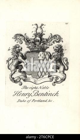Armoiries et écusson du noble droit Henry Bentinck, premier duc de Portland, 1682-1726. Gravure de Copperplate par Andrew Johnston après C. Gardiner de Notitia Anglicana, Shwing the Réalisations of all the English Noblesse, Andrew Johnson, The Strand, Londres, 1724. Banque D'Images
