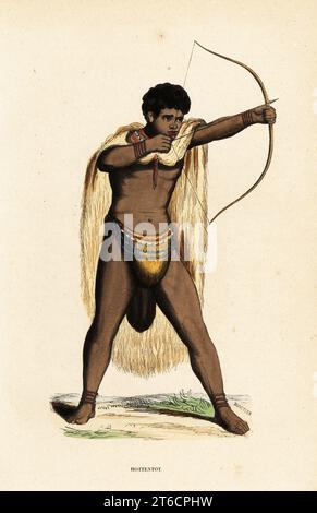 Khoikhoi homme en peau d'animal cape, en toile de longe perlée, avec arc et flèche. Hottentot. Boiseries de Duverger d'Auguste Wahlen's Moeurs, Usages et costumes de tous les Peuples du monde, (manières, coutumes et costumes de tous les peuples du monde) Librairie Historique-Artistique, Bruxelles, 1845. Wahlen était le pseudonyme de Jean-François-Nicolas Loumyer (1801-1875), écrivain et archiviste du département héraldique de Belgique. Banque D'Images