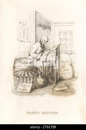 Le squelette de la mort et son registre. La mort est assise à un bureau écrivant dans un registre avec un stylo plume. Il y a des sacs de plâtre de Paris Burnt Bones, un baril de Cocculus indicus, un flacon de Spirits Apothecarys All, un panier et un signe ne tuant pas de meurtre. Illustration dessinée et gravée sur acier par Richard Dagley de ses propres morts Doings, composée de nombreuses compositions originales en vers et en prose, J. Andrews, Londres, 1827. Dagley (1761-1841) était un peintre, illustrateur et graveur anglais. Banque D'Images