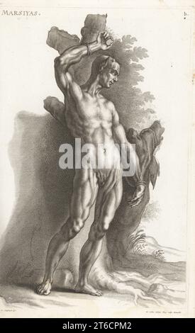 Marsyas, avec des oreilles pointues et des cornes, est attaché à un arbre pour être foulé vivant. Dans le mythe grec, le satyre Marsyas défia Apollon à un concours de musique et fut écorché vivant pour avoir perdu. D'après une sculpture de la Galleria Giustiniana. Marsiyas. Gravure sur cuivre de Richard Collin d'après une illustration de Joachim von Sandrart tirée de sa LAcademia Todesca, della Architectura, Scultura & Pittura, oder Teutsche Academie, der Edlen Bau- Bild- und Mahlerey-Kunste, Académie allemande d'architecture, de sculpture et de peinture, Jacob von Sandrart, Nuremberg, 1675. Banque D'Images