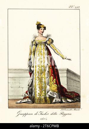 L'impératrice Joséphine de France en robe de cérémonie lors de son couronnement, 1804. Joséphine Bonaparte, ou Joséphine de Beauharnais, 1763-1814. En couronne or, robe blanche et or, cape écarlate avec broderie or et bordure en hermine. Joséphine de Tacher de la Pagerie, 1804. Lithographie coloriée à la main de Lorenzo Bianchi et Domenico Cuciniello d'après Hippolyte Lecomte de Costumi civili e militari della monarchia francese dal 1200 al 1820, Naples, 1825. Édition italienne des costumes civils et militaires Lecomtes de la monarchie française de 1200 à 1820. Banque D'Images