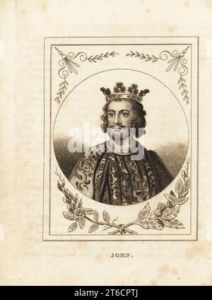 Portrait du roi Jean d'Angleterre, règne de 1199 à 1216. En couronne, col et robe armorielle. Gravure sur cuivre de M. A. Jones Histoire de l'Angleterre de Jules César à George IV, G. Virtue, 26 Ivy Lane, Londres, 1836. Banque D'Images