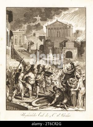 L'empereur romain Aulus Vitellius traîna jusqu'à l'escalier de la Gemonie, abattu par les partisans de Vespasien et jeté dans le Tibre, 69 AD. Temples et bâtiments en feu en arrière-plan. Vittelius couvert d'approche est conduit au supplice. Gravure sur cuivre de Martin Pöltzel d'après un dessin de Gabriel de St. Aubin du Professeur Joseph Rudolf Zappes Gemalde aus der romischen Geschichte, Images d'Histoire romaine, Joseph Schalbacher, Vienne, 1800. Édition allemande de l'Abbé Claude Francois Xavier Millots Abrege de lHistoire Romaine. Banque D'Images