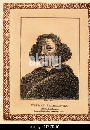 Portrait de Herman Saftleven le Jeune, peintre hollandais de la période baroque, 1609-1685. Herman Sachtleven, Paysage peint. Né à Rotterdam en 1609. Mort en 1685. Gravure teintée dans une bordure décorative par James Girtin d'après un autoportrait de Herman Saftleven de James Girtins Seventy-Five Portraits of Celebrated Painters from Authentic Originals, J. MCreery, Londres, 1817. Banque D'Images