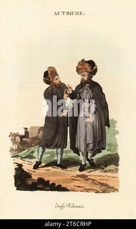 Costume des Juifs polonais, 18e siècle. Ils portent de longues barbes et des vêtements d'hiver de chapeaux garnis de fourrure et de longues robes. Derrière eux, un homme en chapeau noir et robes conduit un wagon chargé. Juifs Polonais. Gravure sur cuivre coloriée à la main d'après une illustration de William Alexander de J-B. Eyries l'Autriche : costumes, Moeurs et usages des autrichiens, Austria : costumes, Manners and Mores of the Austrians, Librairie de Gide fils, Paris, 1823. Jean-Baptiste Eyries (1767-1846) était un géographe, auteur et traducteur français. Banque D'Images