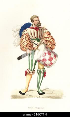 Batteur allemand Landsknechte, XVIe siècle. Chapeau en feutre bleu avec panaches, sac à jupons, manches bouffantes ornées de rubans, culottes de couleur parti et tuyau. Allemagne, Tambourin. Après une coupe de bois de couleur par Hans Guldenmundt. Lithographie colorée à la main d'après une illustration d'Edmond LeChevallier-Chevignard des costumes historiques des XVIes, XVIIème et XVIIIe (costumes historiques des XVIe, XVIIe et XVIIIe siècles), Paris, 1867. Edmond LeChevallier-Chevignard était artiste, illustrateur de livres et décorateur d'intérieur. Banque D'Images