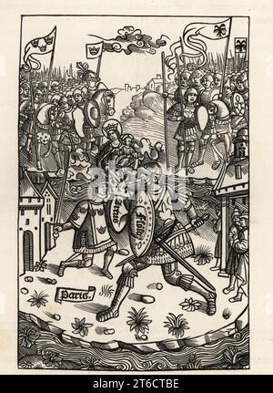 Le roi Arthur combat le géant Flolo de 10 pieds de haut en combat unique devant les armées d'Angleterre et de Gaule, protégées par la Vierge Marie. Le roi Artus, combattant un géant, est protégé par la Vierge. D'après une gravure sur bois d'Alain Bouchards chroniques de Bretagne. Gravure sur bois d'Etienne Huyot et Jules Huyot sur Paul Lacroixes la vie militaire et religieuse au Moyen Age et a lEpoque de la Renaissance, la vie militaire et religieuse au Moyen âge et à la Renaissance, Paris, 1873. Banque D'Images