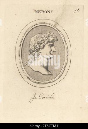 Buste de Nero Claudius Caesar Augustus Germanicus, AD 37 - AD 68. Cinquième empereur romain et dernier empereur de la dynastie Julio-Claudian, régnant de AD 54 jusqu'à sa mort en AD 68. En carnélien. Nerone. À corniola. Gravure de coperplate par Giovanni Battista Galestuzzi d'après Leonardo Agostini de gemmae et Sculpturae Antiquae Depitti ab Leonardo Augustino Senesi, Abraham Blooteling, Amsterdam, 1685. Banque D'Images