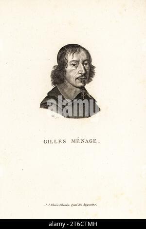 Portrait de Gilles Menage, érudit français, 1613-1692. Gravure sur cuivre par AD d'après Bernard Vaillant de Marie de Rabutin-Chantal Sevignes Collection des vingt Portraits du siecle de Louis XIV, Collection de 20 Portraits du siècle du roi Louis XIV, J.J. Blaise, Libraire, Quai des Augustins, Paris, 1818. Banque D'Images