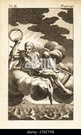 Saturne, dieu romain de la génération, dissolution, abondance, richesse. Homme barbu âgé, il est assis sur un nuage avec ouroboros et faux. Gravure sur cuivre d'Andrew Tookes le Panthéon, représentant les fabuleuses histoires des Dieux Heathen, Londres, 1757. Banque D'Images