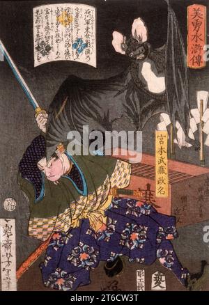 Miyamoto Musashi Slashing a Chat, 1867. Série : Beauté et Valor dans le roman Suikoden. Banque D'Images