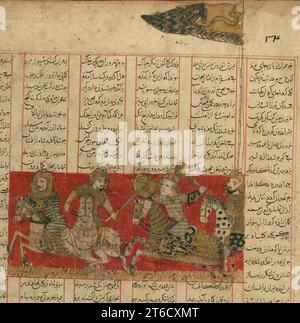 Guerriers montés, feuille d'un Shahnama, 741 AH/AD 1341. Page d'un manuscrit dispersé illustré et enluminé du Shahnamah (Livre des rois) de Firdawsi, commandé par Qawam al-Dawlah wa-al-DIN Hasan, vizir du gouverneur d'Inju dans la province de Fars. Il a été copié par Hasan ibn Muhammad ibn 'Ali al-Husayni en 741 AH / 1341 EC. Le texte est écrit en écriture Nasta'liq noire avec les en-têtes de chapitre en écriture rouge, bleue et noire Ta'liq. La dispersion du manuscrit a eu lieu au début du 14e siècle AH / AD 20e, et plus de 1/2 de ses feuilles existent et sont conservés dans des collections publiques et privées.T. Banque D'Images