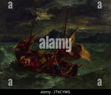 Christ sur la mer de Galilée, 1854. Cette scène est basée sur un incident raconté dans trois évangiles du Nouveau Testament : une tempête furieuse éclate alors que Jésus et ses disciples naviguent à travers la mer de Galilée pour répandre le message du Christ. Au grand étonnement des disciples, Jésus calme le vent et la tempête, dramatisant la puissance de la croyance chrétienne. Banque D'Images