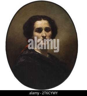 Un portrait, 1852. Une femme aux cheveux noirs, vêtue de noir avec une écharpe rouge, est montrée à longueur d'épaule posée contre un sol gris verdâtre neutre, ombragé. L'éclairage provient du ciel, laissant les yeux dans l'ombre. L'identité du sujet n'a pas été établie. Banque D'Images